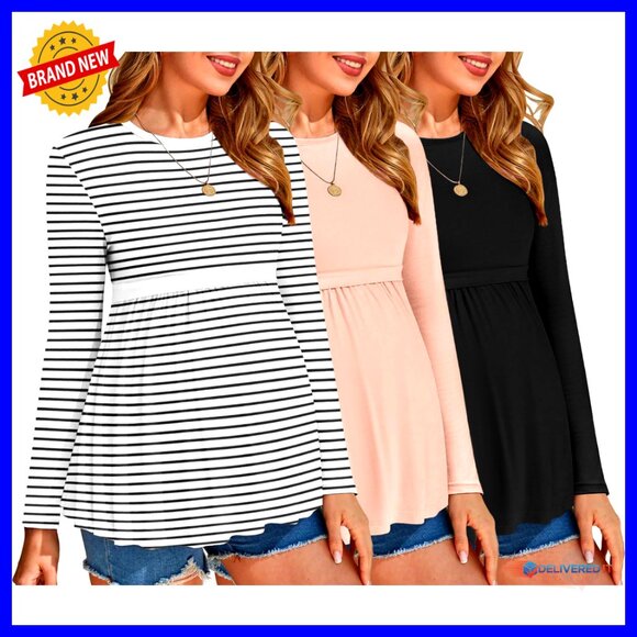Tops - Maternity Long Sleeve Tunic Tops 3-Pack Pleated Pregnancy Blouses